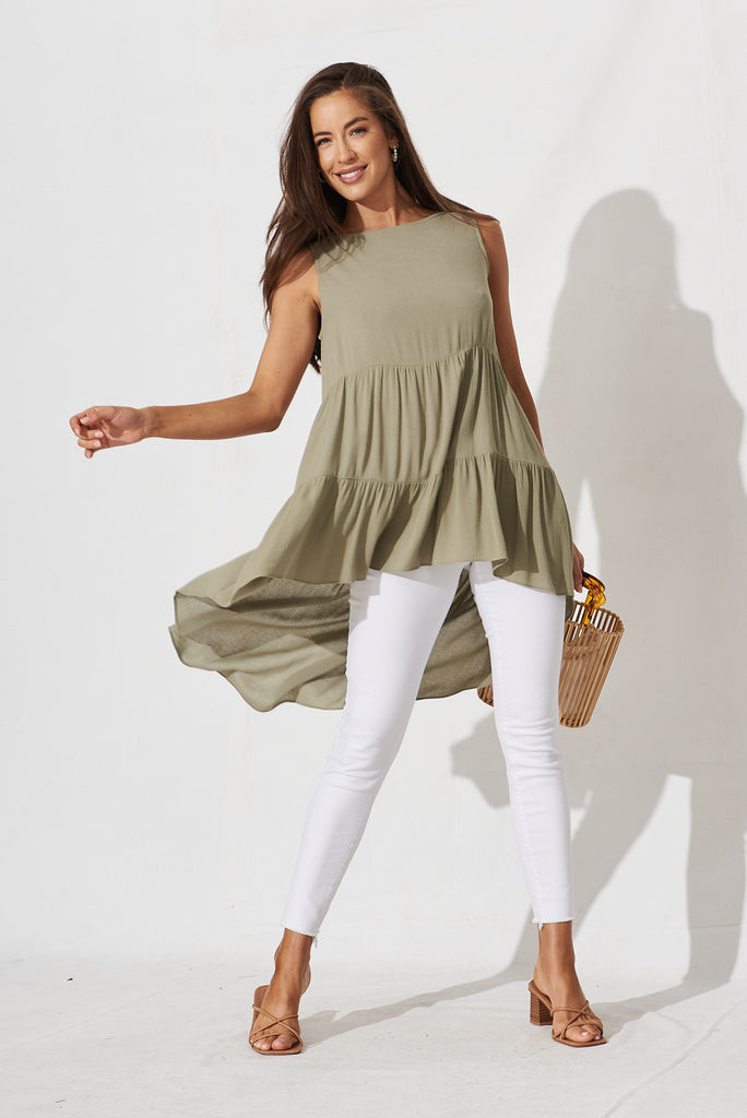 Beccy High Low Top In Khaki - full length