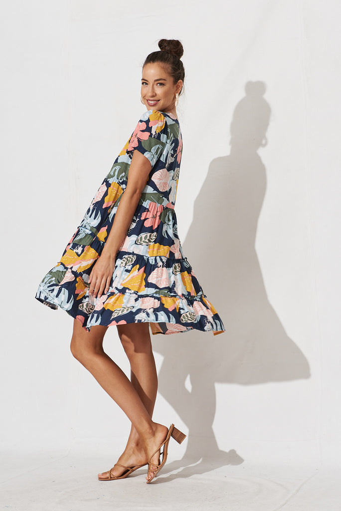 Brisha Smock Dress In Navy With Tropical Floral - side