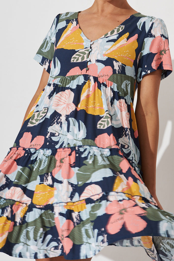 Brisha Smock Dress In Navy With Tropical Floral - detail