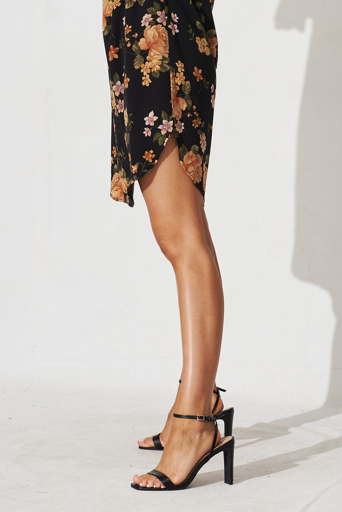 Fiona Shift Dress In Black With Apricot Floral - detail