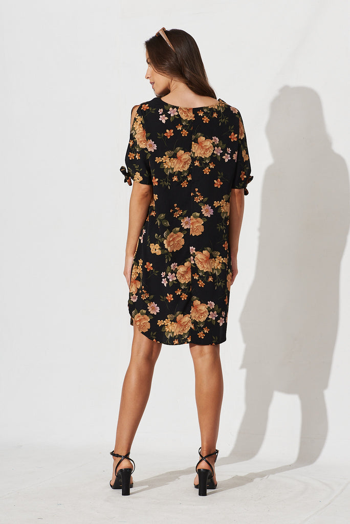 Fiona Shift Dress In Black With Apricot Floral - back