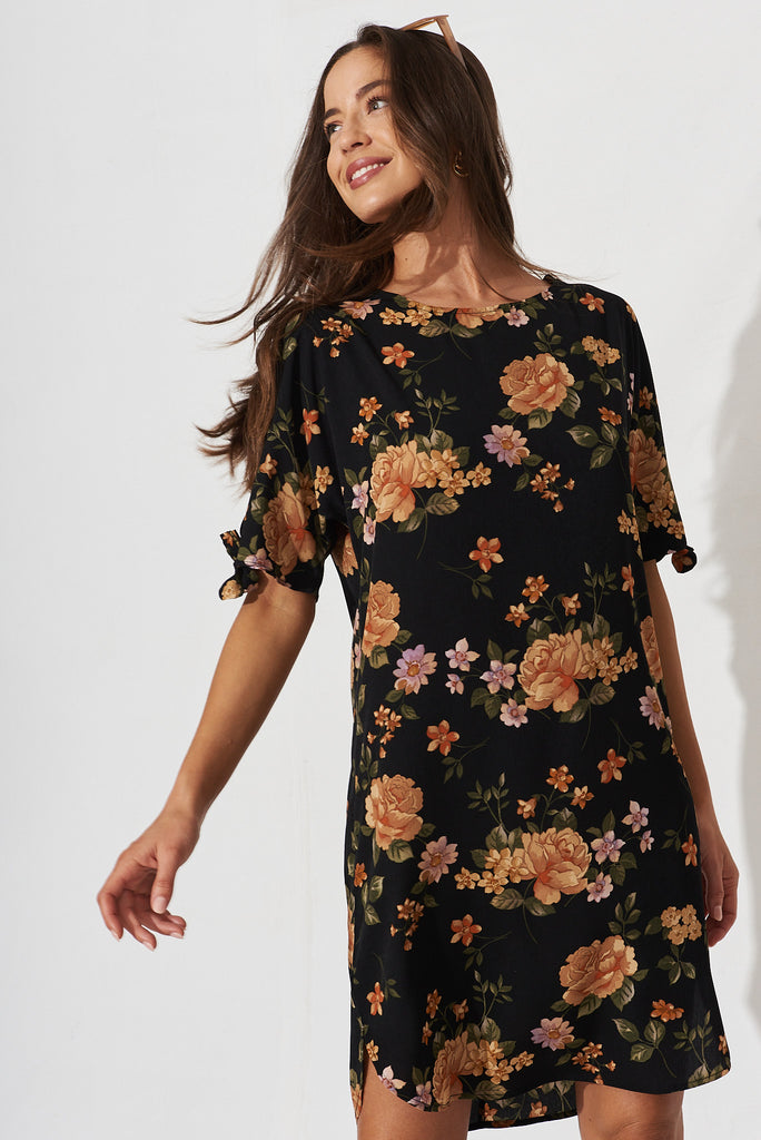 Fiona Shift Dress In Black With Apricot Floral - front