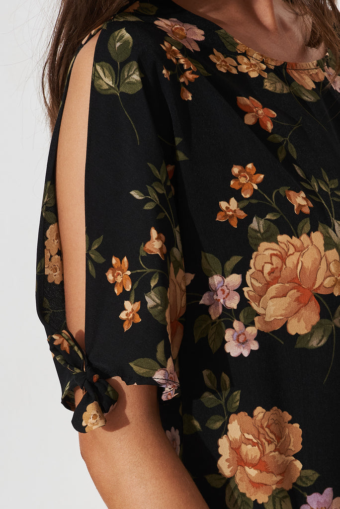 Fiona Shift Dress In Black With Apricot Floral - detail
