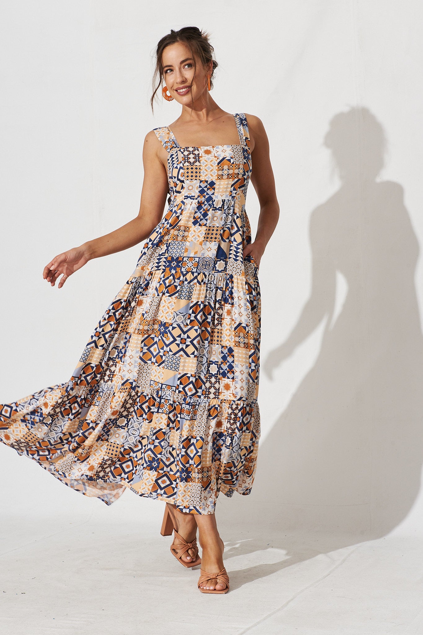 Izabel Maxi Sun Dress In Blue Tile Print - full length