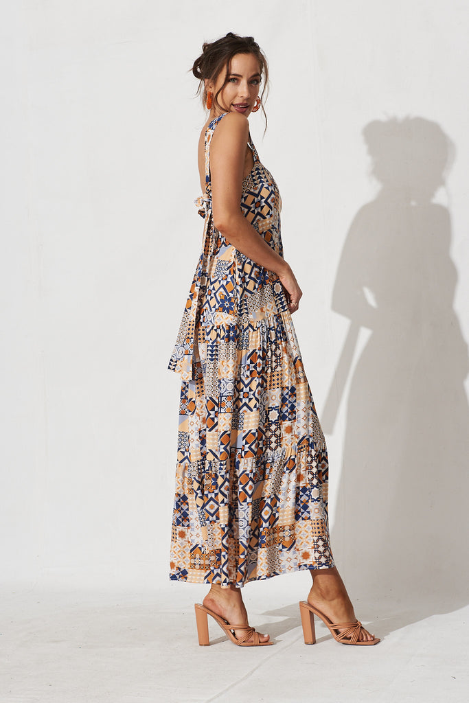 Izabel Maxi Sun Dress In Blue Tile Print - side