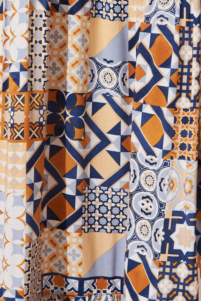 Izabel Maxi Sun Dress In Blue Tile Print - fabric