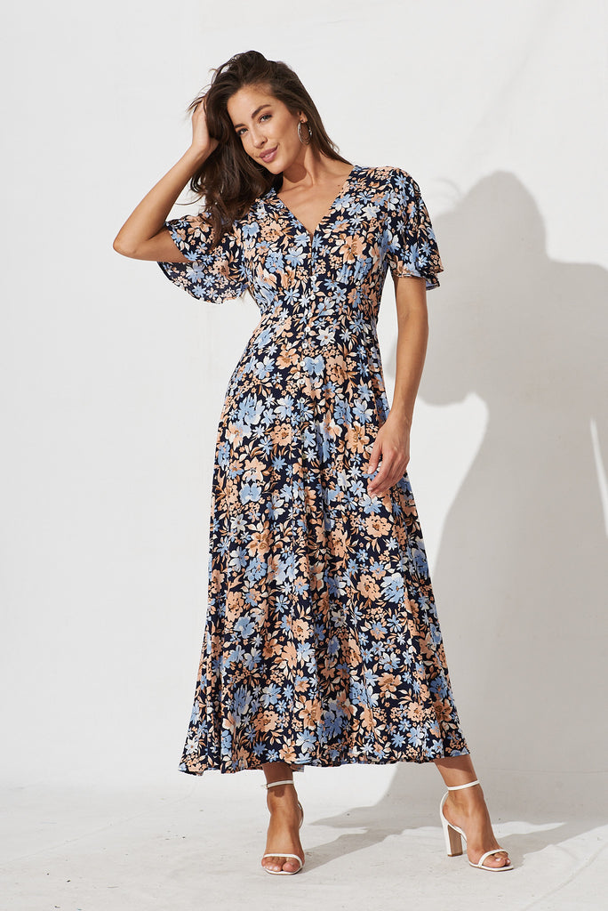 Paulette Maxi Dress In Navy With Blue Floral - full length