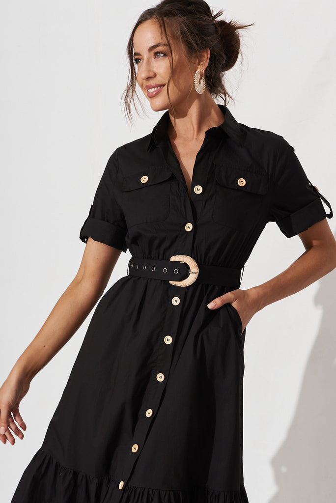 Cornella Midi Shirt Dress In Black Cotton - front