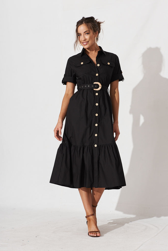 Cornella Midi Shirt Dress In Black Cotton - full length