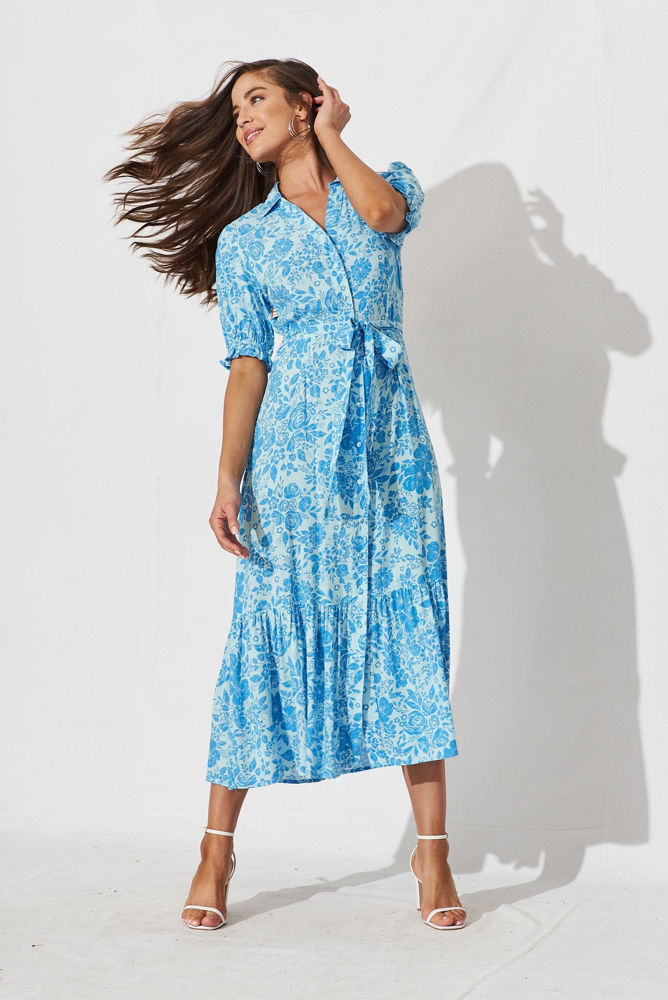 Geralda Midi Shirt Dress In Blue Floral - full length