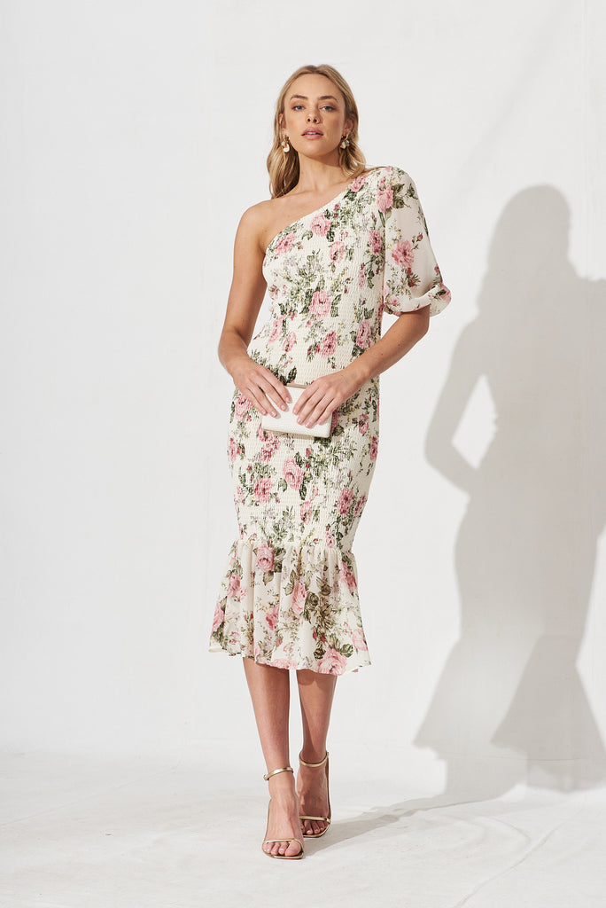 Trueline Dress In White And Pink Floral Chiffon - full length