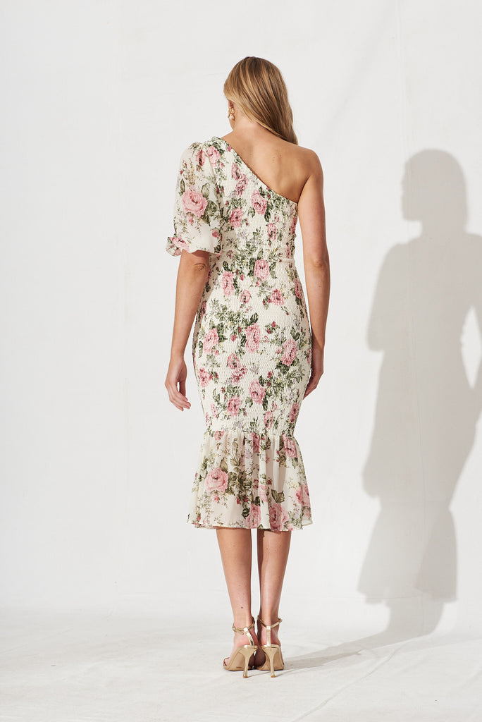 Trueline Dress In White And Pink Floral Chiffon - back