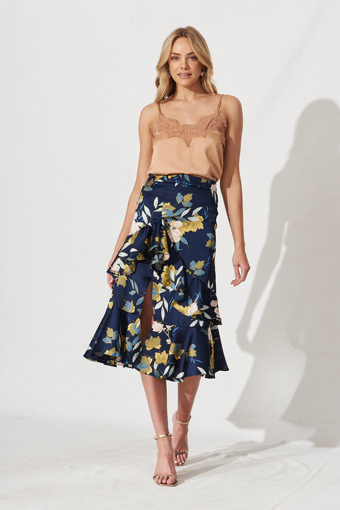 Liah Ruffle Skirt In Navy Floral Satin - full length