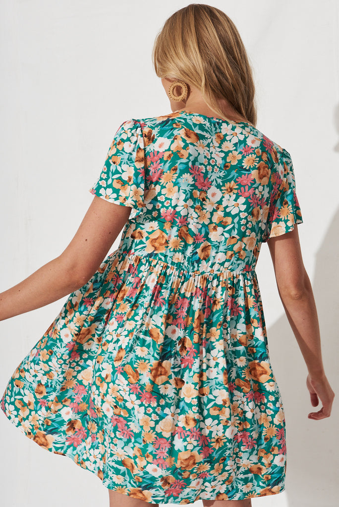 Keily Smock Dress In Green With Peach Floral - back