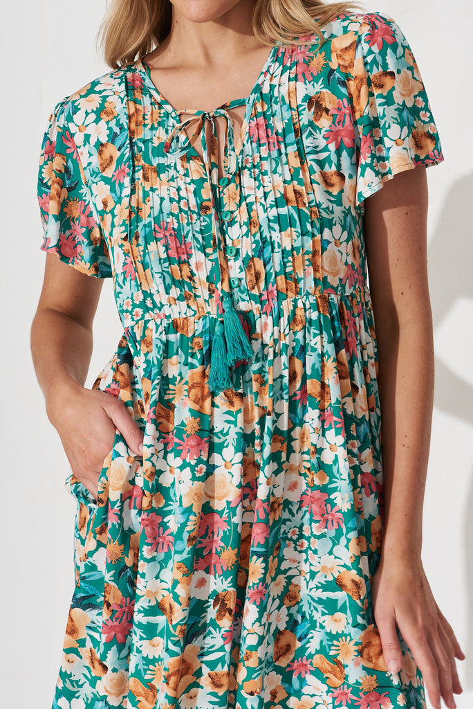 Keily Smock Dress In Green With Peach Floral - detail