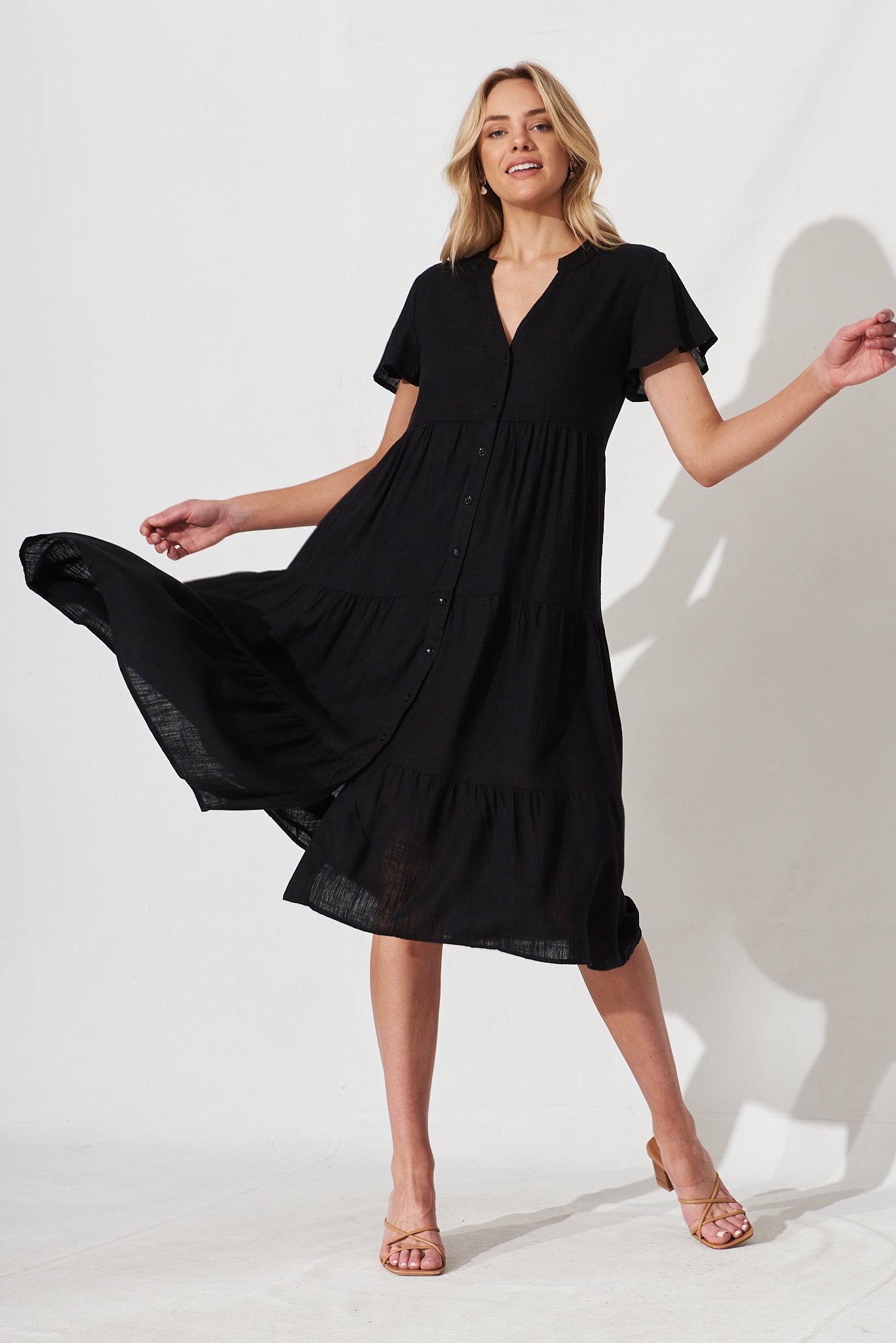 Marvela Midi Shirt Dress In Black Linen Blend - full length