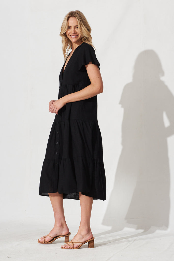 Marvela Midi Shirt Dress In Black Linen Blend - side