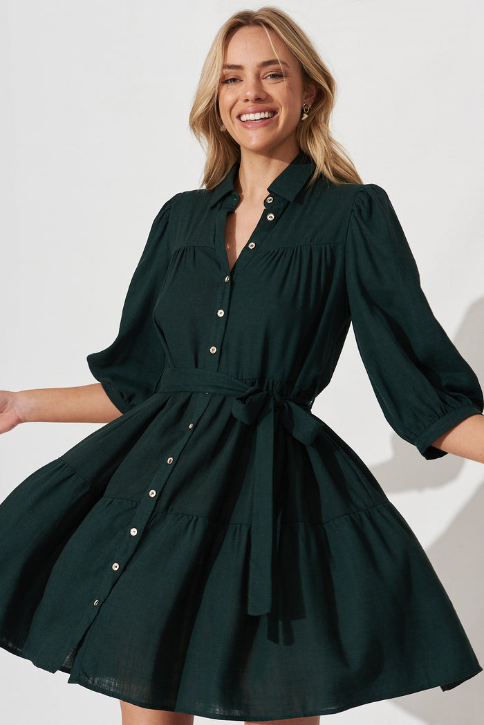 Pearsona Shirt Dress In Emerald Linen Blend - front