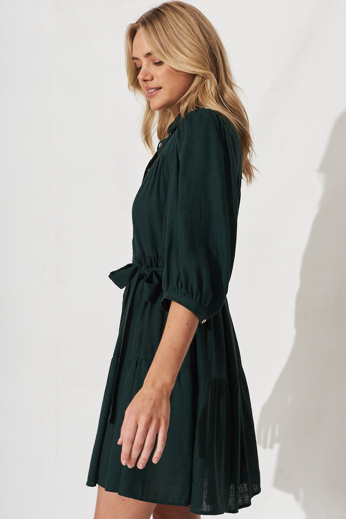 Pearsona Shirt Dress In Emerald Linen Blend - side