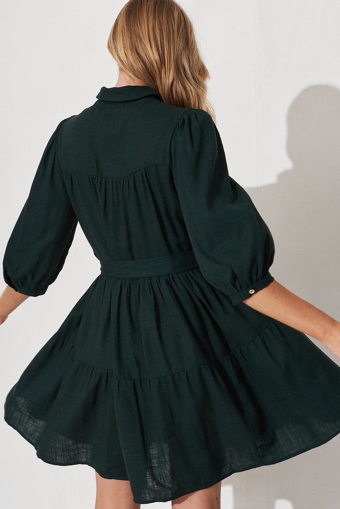 Pearsona Shirt Dress In Emerald Linen Blend - back