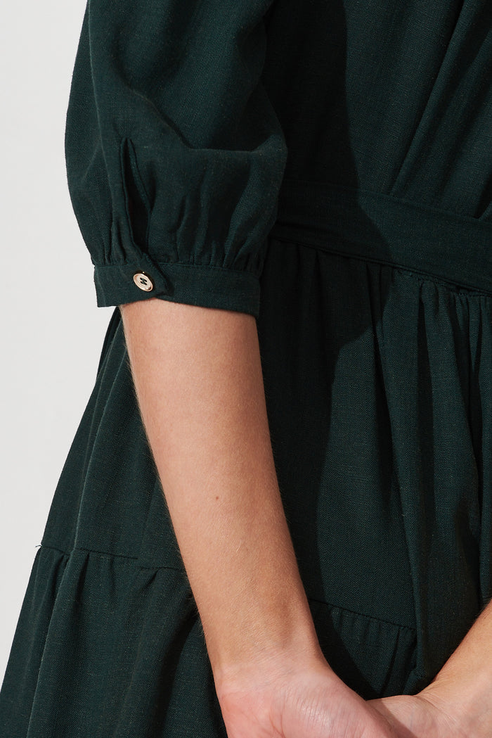 Pearsona Shirt Dress In Emerald Linen Blend - detail