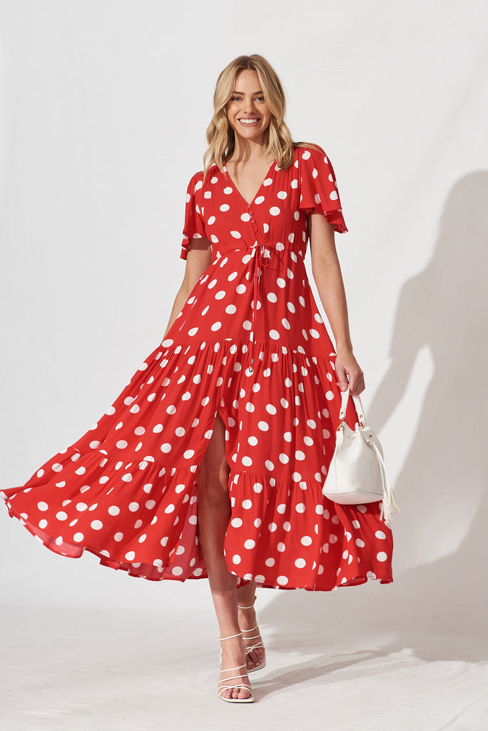 Violet Maxi Dress In Red With White Spot - full length