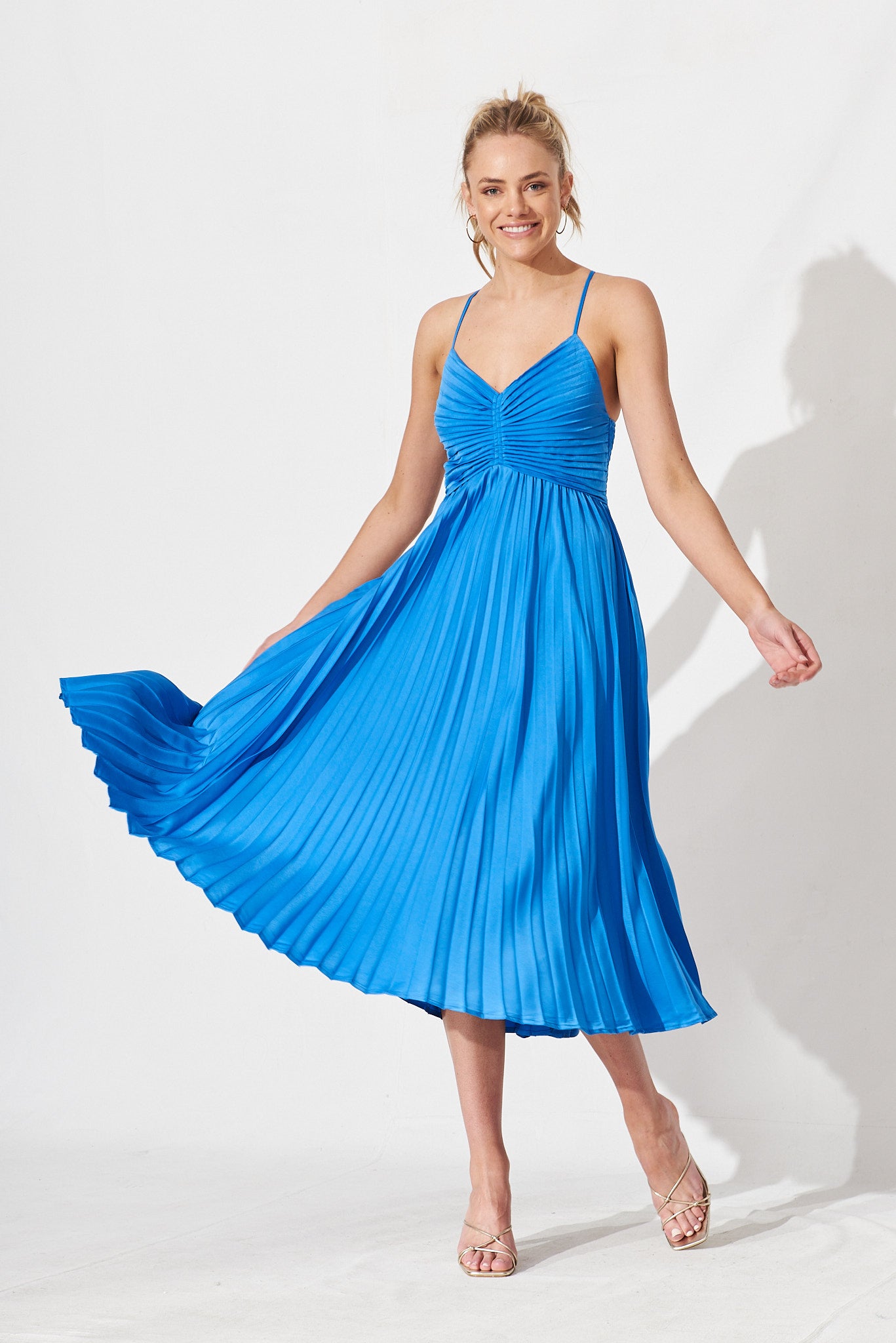 Flirty Pleated Midi Dress In Blue Satin - full length