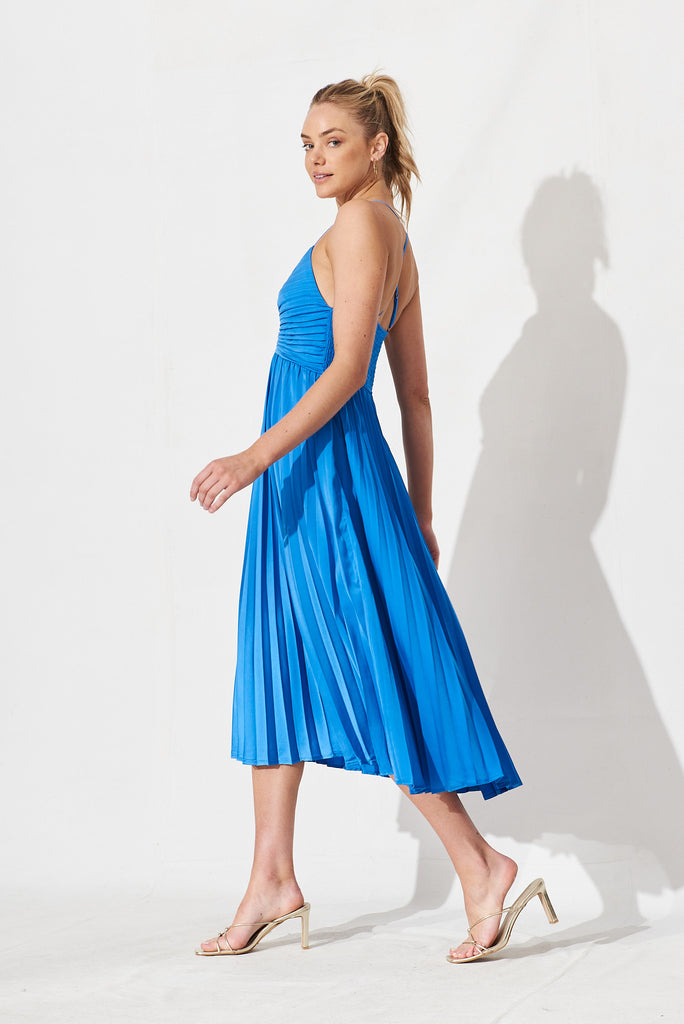 Flirty Pleated Midi Dress In Blue Satin - side