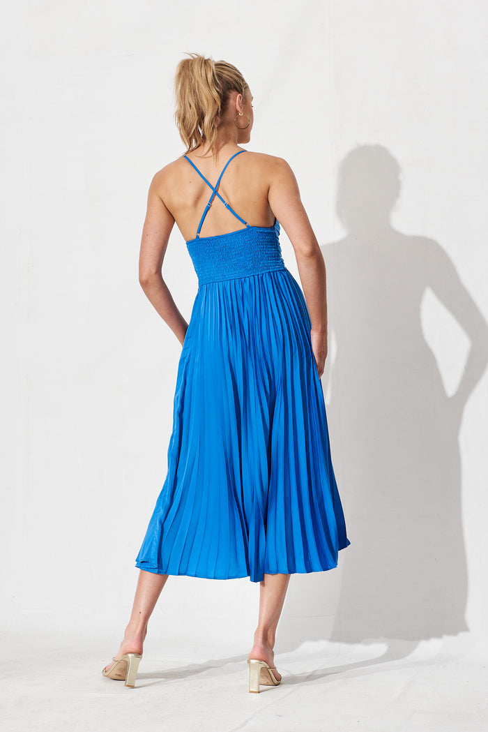 Flirty Pleated Midi Dress In Blue Satin - back