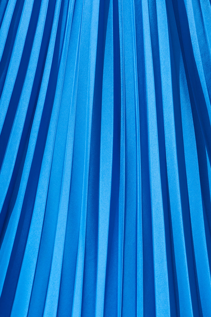 Flirty Pleated Midi Dress In Blue Satin - fabric