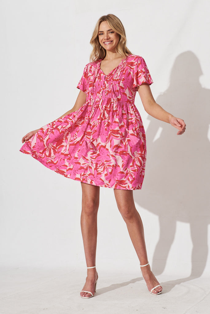 Keily Smock Dress In Pink Floral - full length
