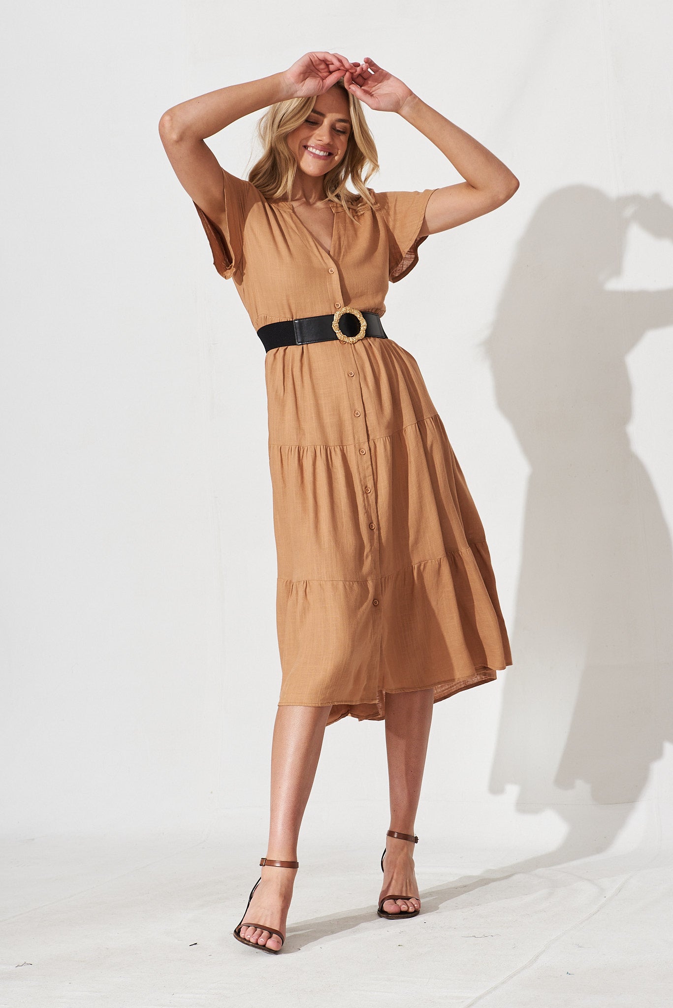 Marvela Midi Shirt Dress In Tan Linen Blend - full length