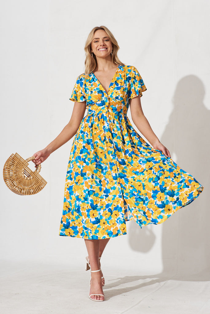 Nikke Midi Dress In Yellow With Blue Floral - full length