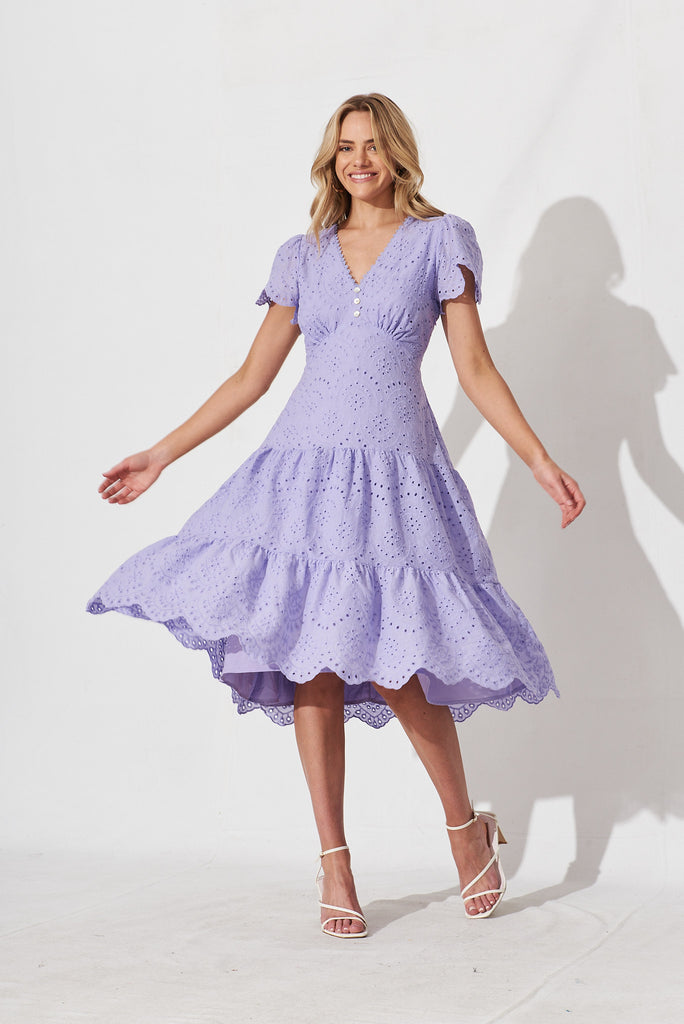 Charm Midi Dress In Lilac Cotton Broderie - full length
