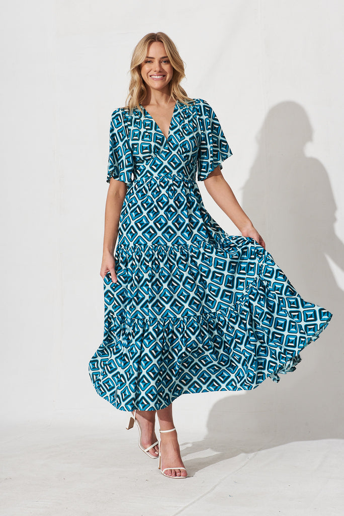 Caitlyn Maxi Dress In Teal Geometric Print - full length