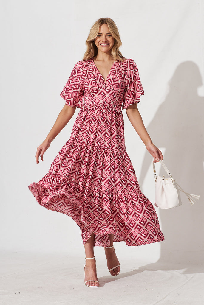 Caitlyn Maxi Dress In Pink Geometric Print - full length