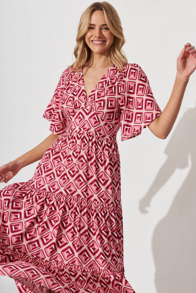 Caitlyn Maxi Dress In Pink Geometric Print - front
