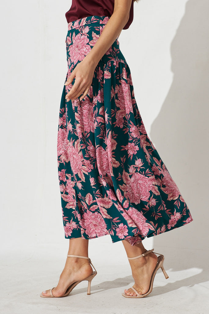 Hilda Midi Skirt In Green With Pink Floral - side