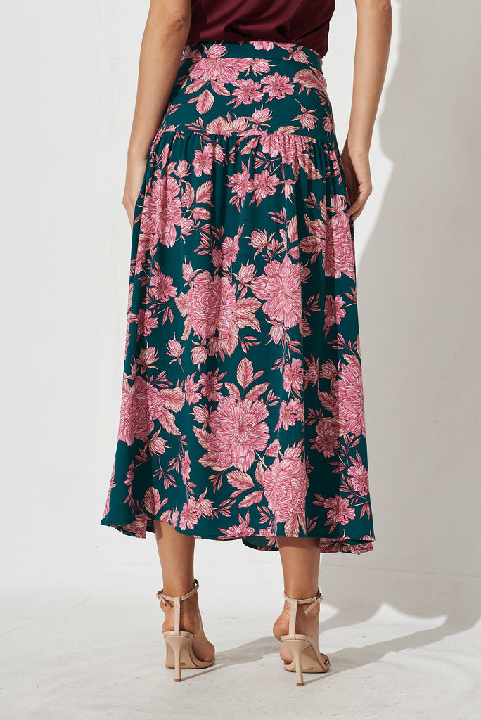 Hilda Midi Skirt In Green With Pink Floral - back