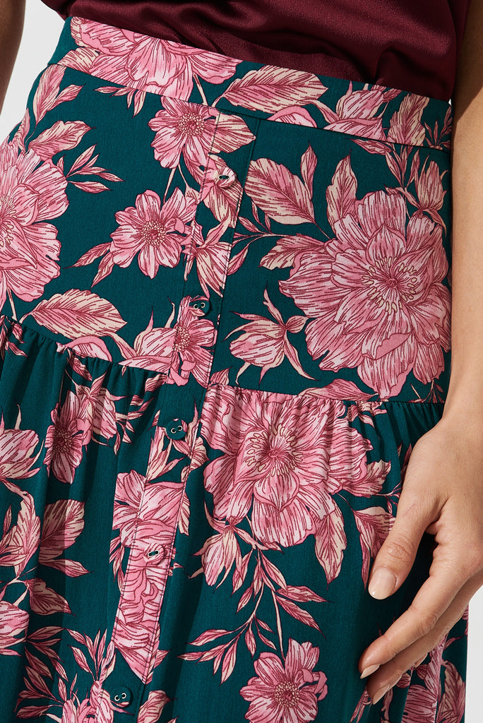 Hilda Midi Skirt In Green With Pink Floral - detail