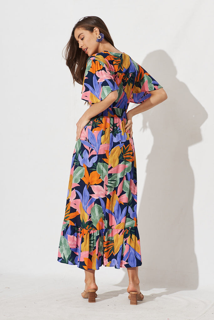 Lillien Maxi Dress In Navy Multi Leaf Print - back