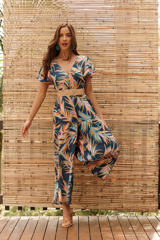 Canary Maxi Jumpsuit In Navy With Multi Feather Print