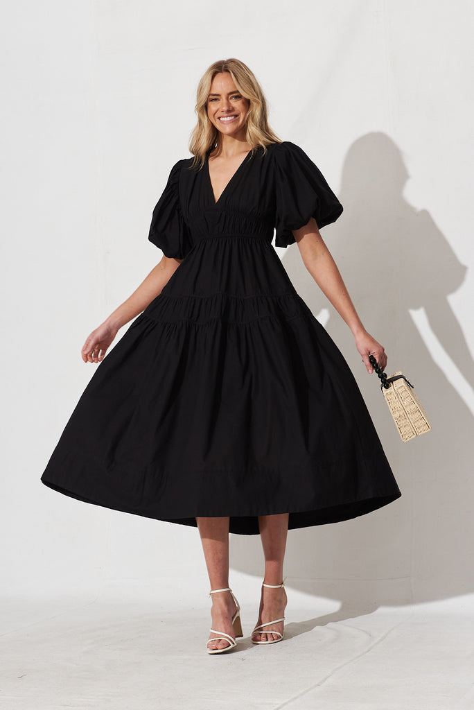 Amalie Midi Dress In Black Cotton - full length