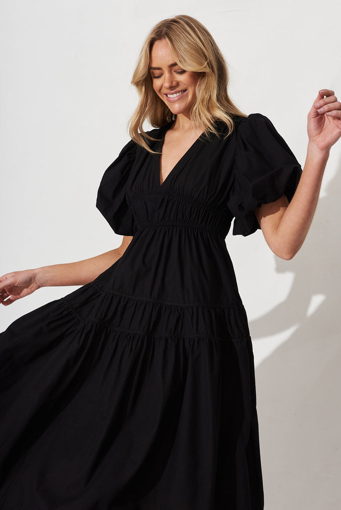 Amalie Midi Dress In Black Cotton - front