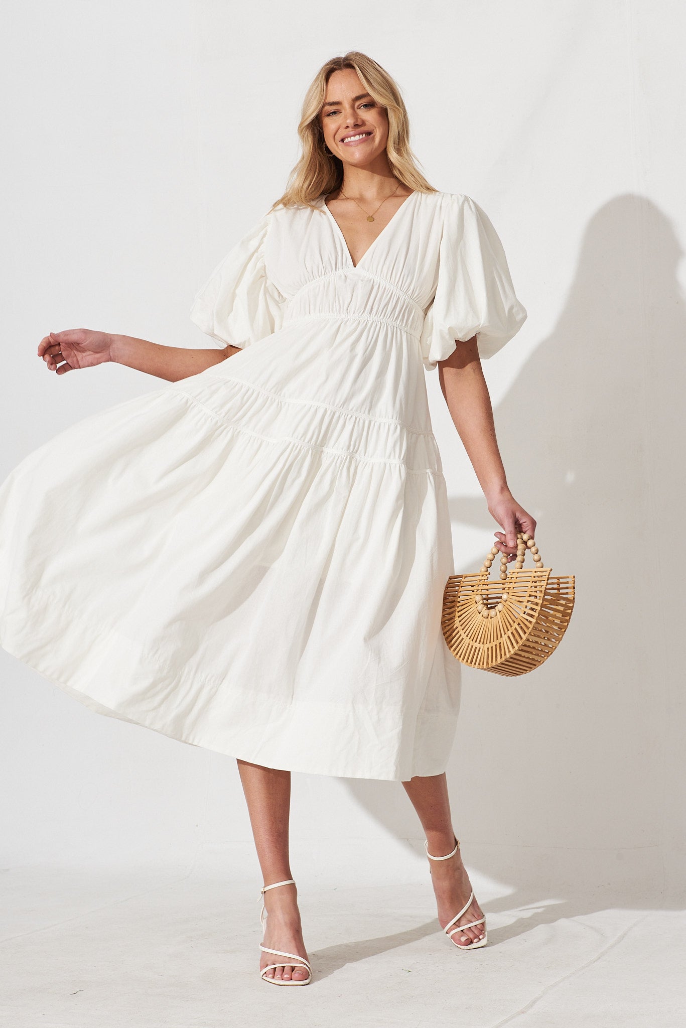 Amalie Midi Dress In White Cotton - full length
