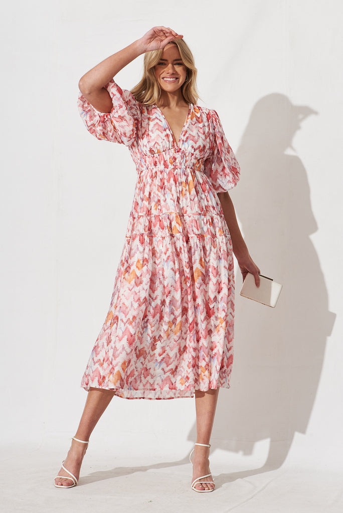 Amalie Midi Dress In White With Pink Print - full length