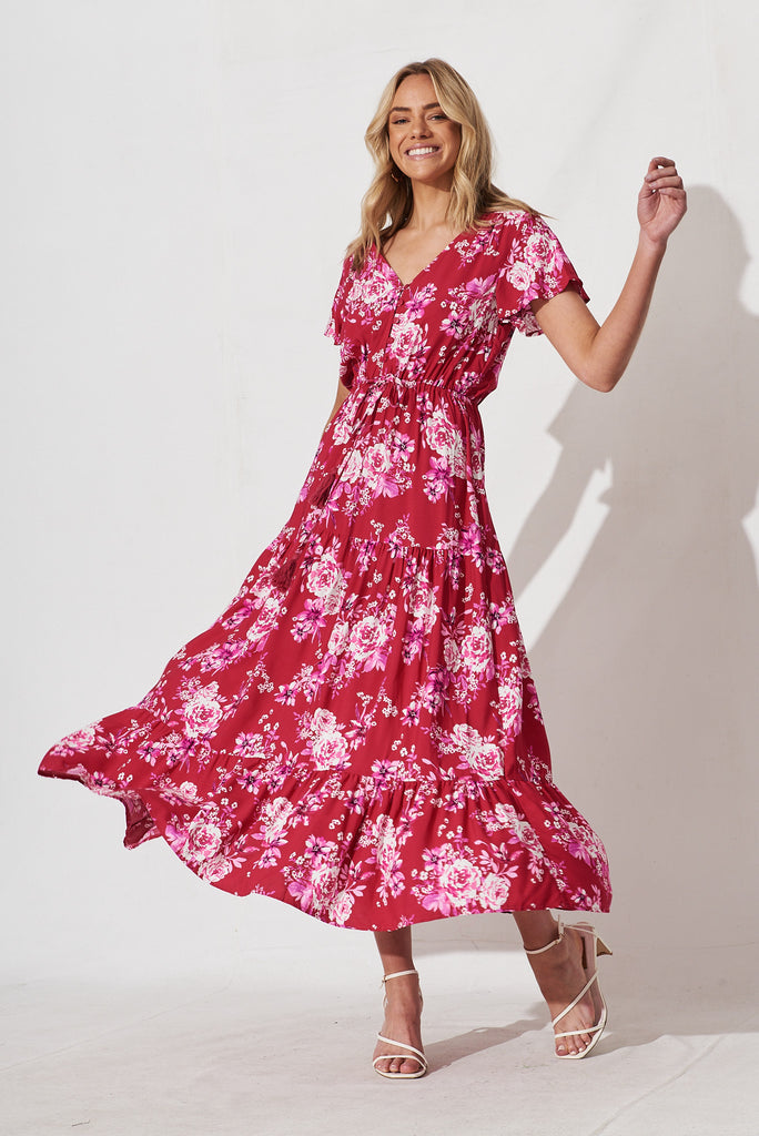 Elxi Maxi Dress In Red With Pink Floral - full length