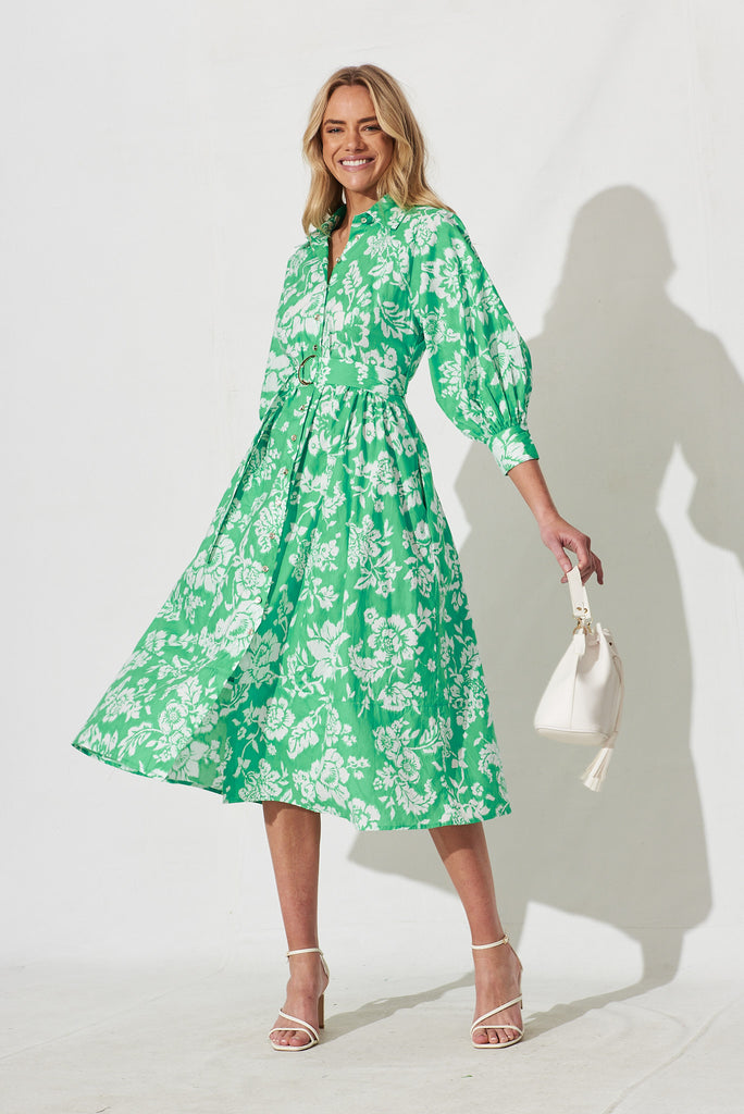 Jenna Midi Shirt Dress In Green With White Floral - full length