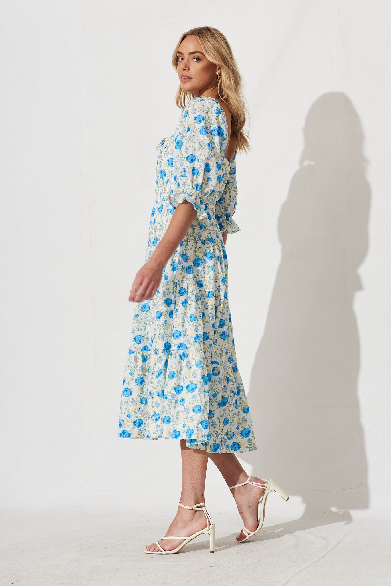 Ganni Midi Dress In White With Blue Floral – St Frock