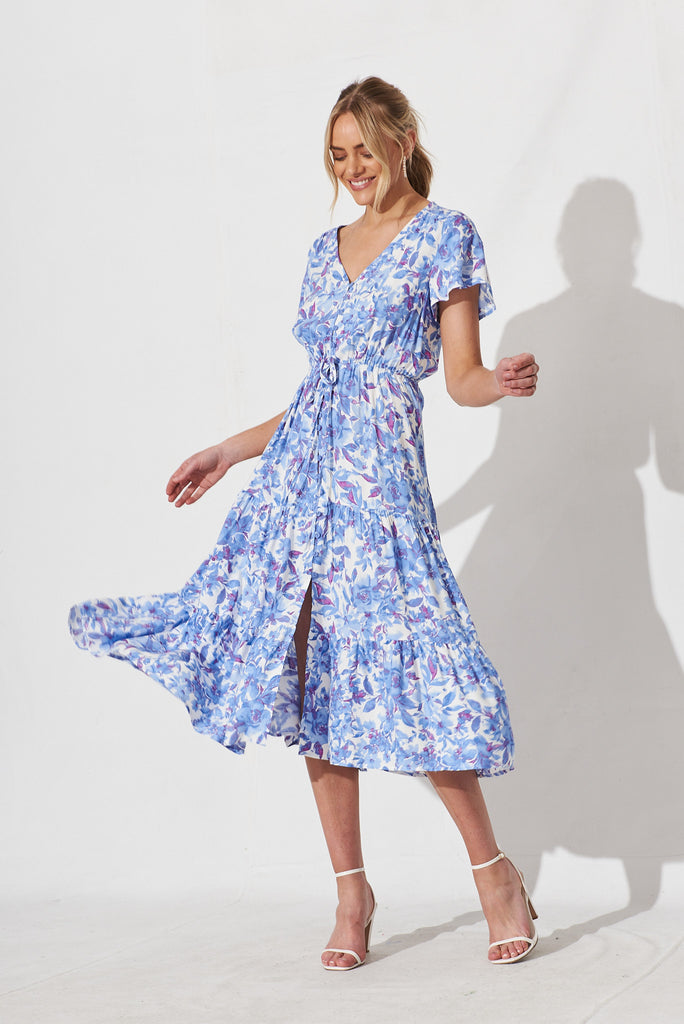 Elxia Midi  Dress In White With Blue Purple Floral - full length